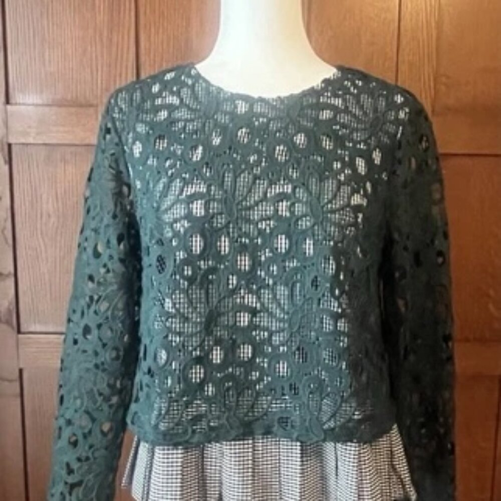 Anthropologie Maeve Gabriella Green Lace & Gingham Top Long Sleeve Size Small